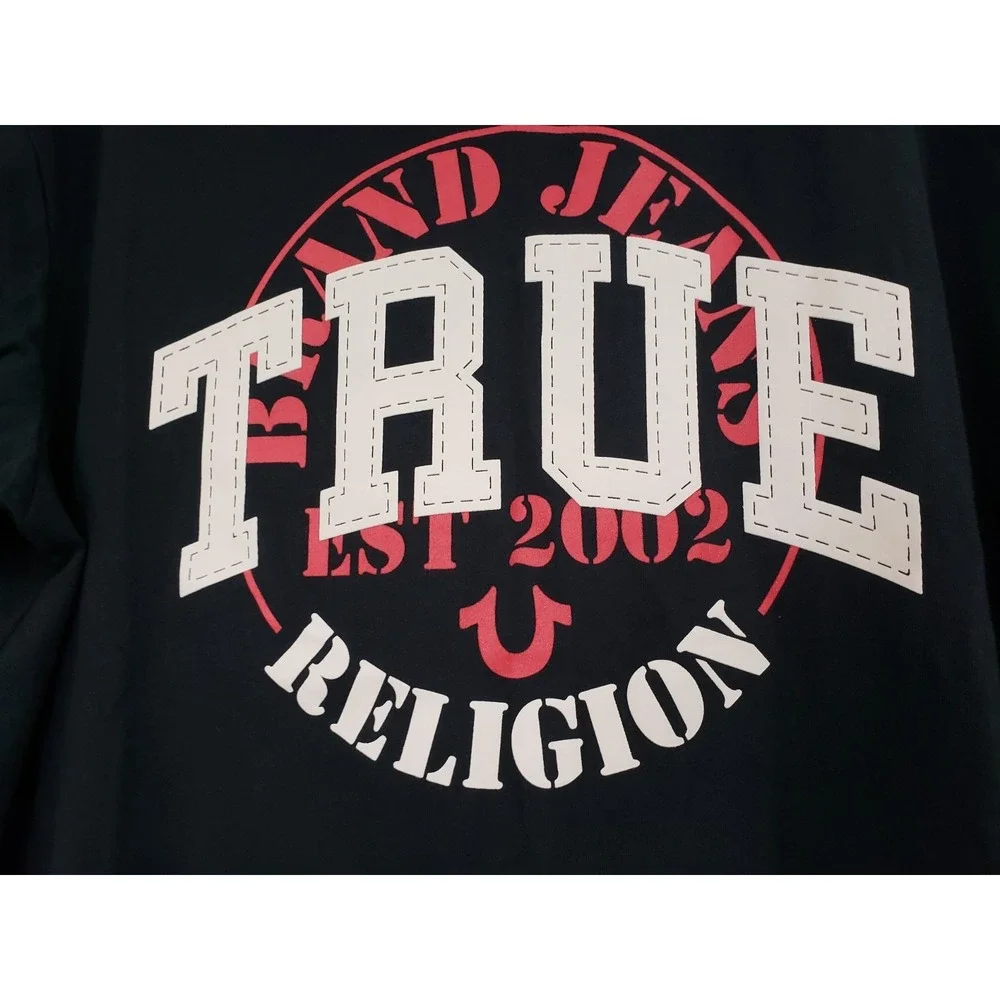 NEW LARGE True Religion Logo‎ Stitch Mens Black Tee Tshirt Short SLeeve